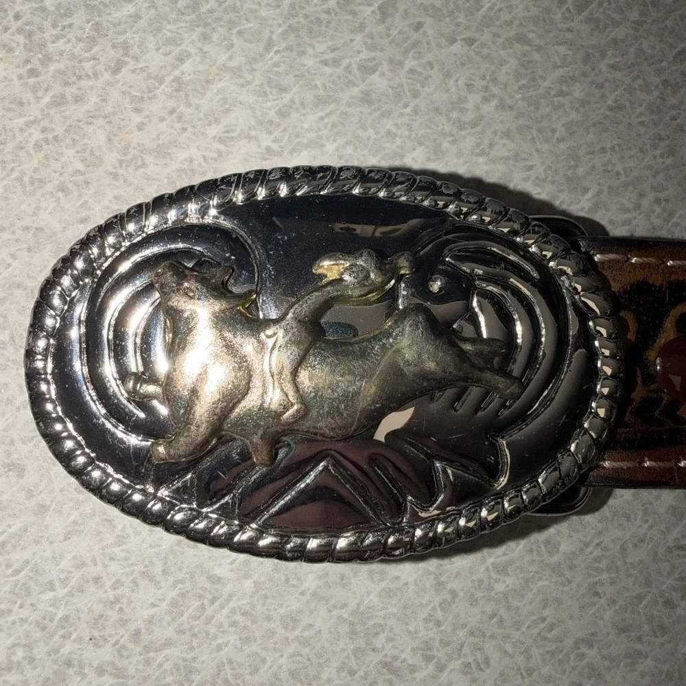 Nocona Boys Oval Buckle Bull Rider Tooled Floral Leather Belt 22